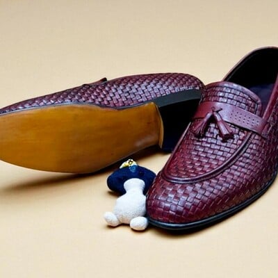 Crafted leather men burgundy woven leather loafers dress shoes