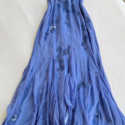 A line straps blue long prom dress with beading - Thumbnail 2