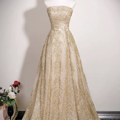 Shiny tulle sequins long prom dress, a-line strapless evening party dress