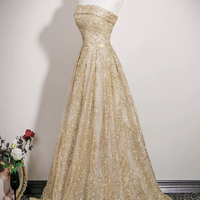Shiny Tulle Sequins Long Prom Dress, A-Line Strapless Evening Party Dress - Thumbnail 2