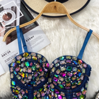 Colorful Rhinestone Denim Spaghetti Strap Corset Top - Thumbnail 3