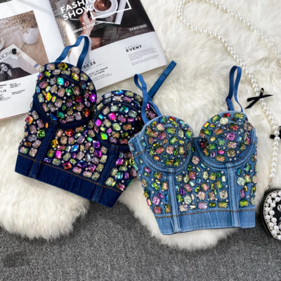 Colorful Rhinestone Denim Spaghetti Strap Corset Top