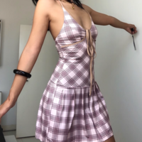 V-neck halter dress with contrasting plaid print - Thumbnail 4