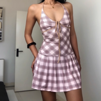 V-neck halter dress with contrasting plaid print - Thumbnail 6