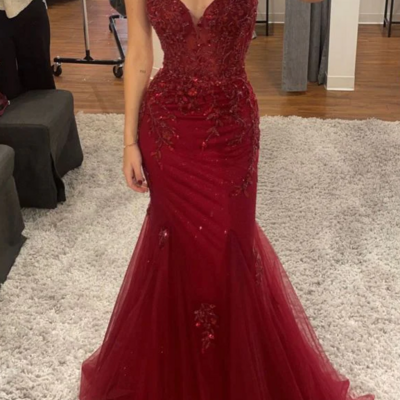 Mermaid burgundy long prom dresses formal evening dress 