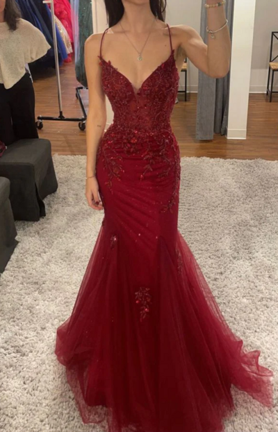 Mermaid Burgundy Long Prom Dresses Formal Evening Dress 