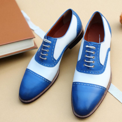 Crafted leather classic blue white leather oxford formal lace up dress shoes