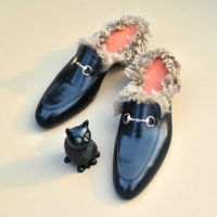 Crafted Leather Handmade Black Leather with Fur Slippers Mules Warm Loafers Shoes - Thumbnail 3