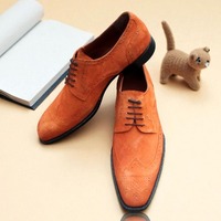 Crafted Leather Classic Tan Suede Wingtip Oxford Men Stunning Dress Lace up Shoes - Thumbnail 1