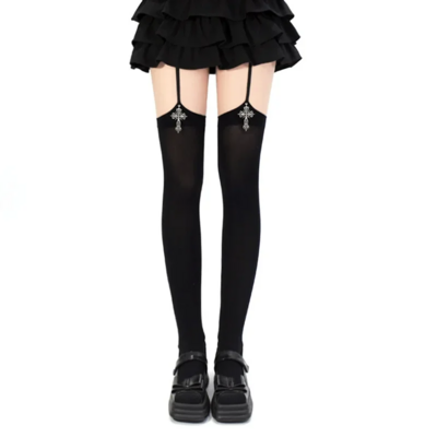 Cross decoration suspender thigh high socks 