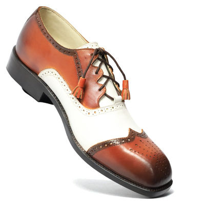 Crafted leather classic brown white leather ghillie laces wingtip oxford dress shoes