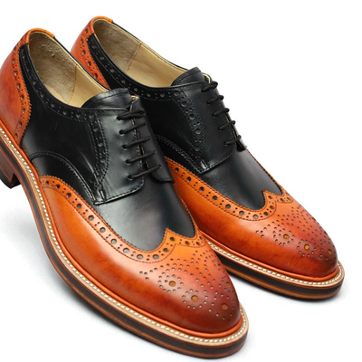 Crafted leather handmade classic brown black leather wingtip oxfords dress shoes