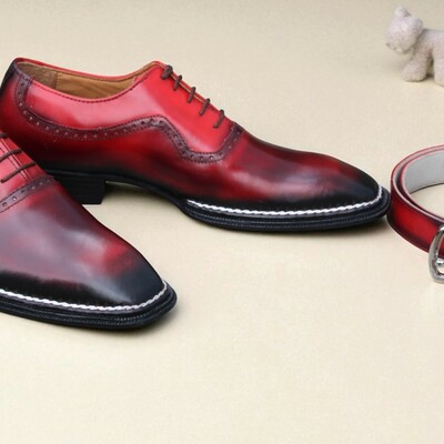 Crafted leather handmade mens burgundy leather dress formal shoes with matching belt