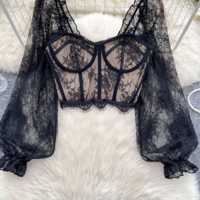 Elegant Slim Fit Ruffle Sleeve Lace Blouse - Thumbnail 3