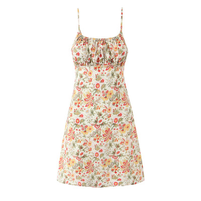 Retro holiday casual floral short A-line skirt suspenders skirt
