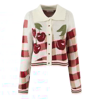 Vintage embroidered cherry polo collar button cardigan cropped sweater knitwear