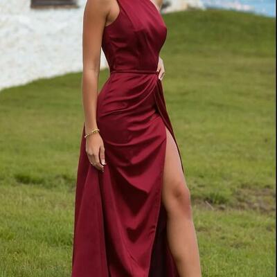 Elegant wine red burgundy satin prom dress evening formal gown