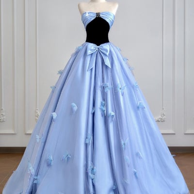Black velvet and blue tulle long prom princess dress
