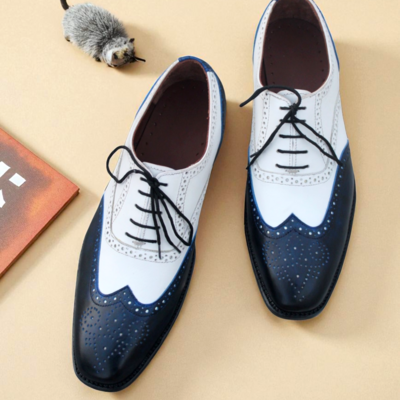 Crafted leather blue / white leather oxford men formal lace up dress shoes