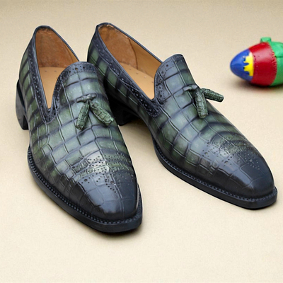 Crafted leather handmade mens green crocodile/alligator tassel loafers dress shoes 