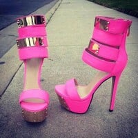 Women's Roman sandals metal plate rivet waterproof platform high heels - Thumbnail 1