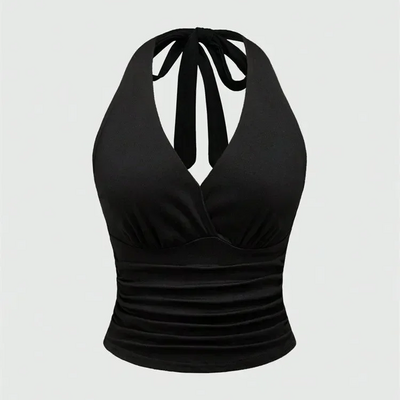 Solid v-neck backless halter crop top for women summer sexy y2k sleeveless ruched top streetwear - Thumbnail 4