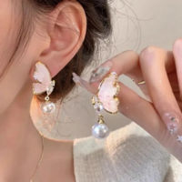 Elegant Zircon Pearl Crystal Butterfly Dangle Earrings - Thumbnail 5