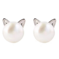 Silver Cat Stud Pearl Earrings  - Thumbnail 2