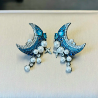 Elegant Celestial Royal Blue Cubic Zirconia & White Pearl Moon Earrings - Thumbnail 4
