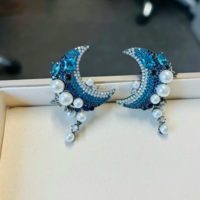 Elegant Celestial Royal Blue Cubic Zirconia & White Pearl Moon Earrings - Thumbnail 5