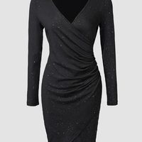 Elegant Black V-Neck Long Sleeve Mini Dress with Glitter Detail dress - Thumbnail 2