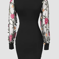 Elegant Floral Embroidered Bodycon Midi Dress with Sheer Mesh Sleeves and V-Neckline - Thumbnail 1