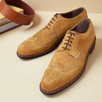 Crafted Leather Brown Suede Leather Wingtip Oxford Lace up Dress Shoes - Thumbnail 1