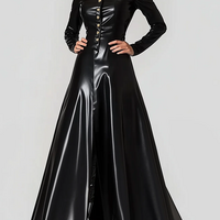 Spring Maxi Dresses for Women High Neck Black PU Leather Dress Women Long Sleeve  - Thumbnail 1