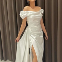 Elegant Off Shoulder Sheath Satin Long Prom Dresses - Thumbnail 2