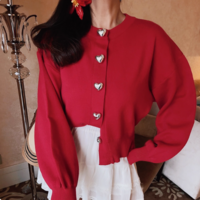 Fashionable heart-shaped button puffy long-sleeved knitted jacket - Thumbnail 3