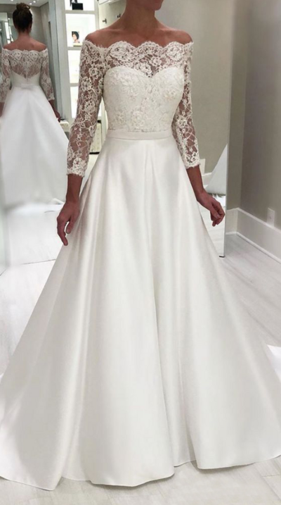 Vintage Off the Shoulder Lace A-line Wedding Dresses with 3/4 Sleeve