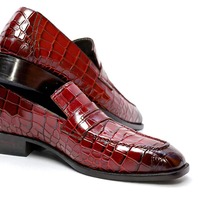 Crafted Leather Classic Biurgundy Crocodile/Alligator Leather Loafers Dress Shoes - Thumbnail 2