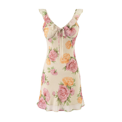 Floral contrast color small fresh v-neck lace mesh splicing flying sleeve dress - Thumbnail 1