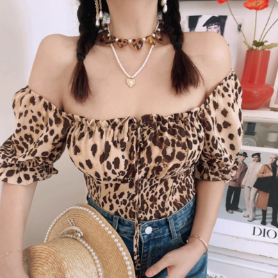 Sexy leopard print tie bow sexy two-wear puff sleeve shirt
