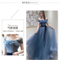 Bluish Grey Off Shoulder Long Evening Dress - Thumbnail 5