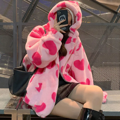 Cute oversized harajuku heart-shaped print plush jacket women