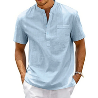 Men’s Cotton Linen Henley Shirt – Casual Short Sleeve Beach Top with Pocket - Thumbnail 4