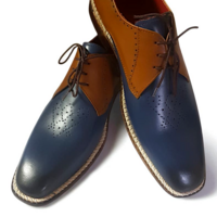 Crafted Leather Classic Men Blue Brown Leather Oxford Lace up Dress Shoes - Thumbnail 3