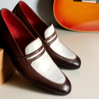 Crafted Leather Classic Men Brown White Leather Moccasin Loafers Dress Shoes - Thumbnail 1