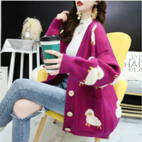 Cartoon Sheep Loose Cardigan Cozy Knit Sweater with Pockets - Thumbnail 3
