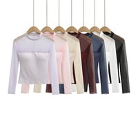 Hollow lace mesh half-high round neck long-sleeved bottoming shirt - Thumbnail 8