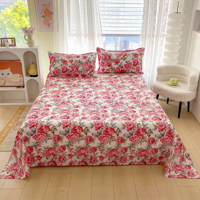 Red flower printed flat bed sheets for double bed 3 pcs - Thumbnail 4