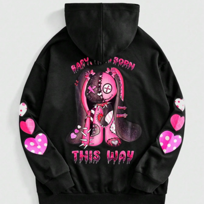 Women’s harajuku oversized gothic pink puppet bear black hoodie - Thumbnail 1