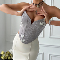 Sexy deep V low-cut lace-up three-dimensional butterfly flower backless fishbone tube top vest - Thumbnail 5
